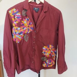 Anthropologie Maeve Embroidered Button Down Top Burgundy Size 8 Long Sleeve